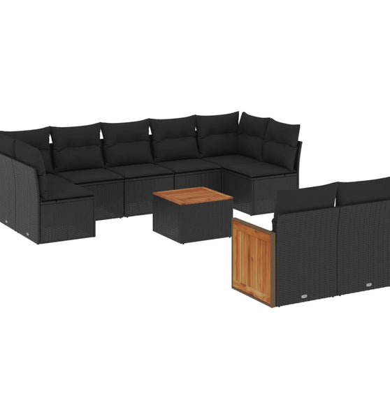 10-tlg. Garten-Sofagarnitur mit Kissen Schwarz Poly Rattan