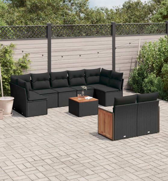 10-tlg. Garten-Sofagarnitur mit Kissen Schwarz Poly Rattan