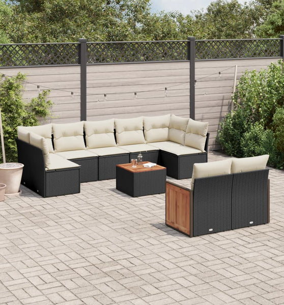 10-tlg. Garten-Sofagarnitur mit Kissen Schwarz Poly Rattan