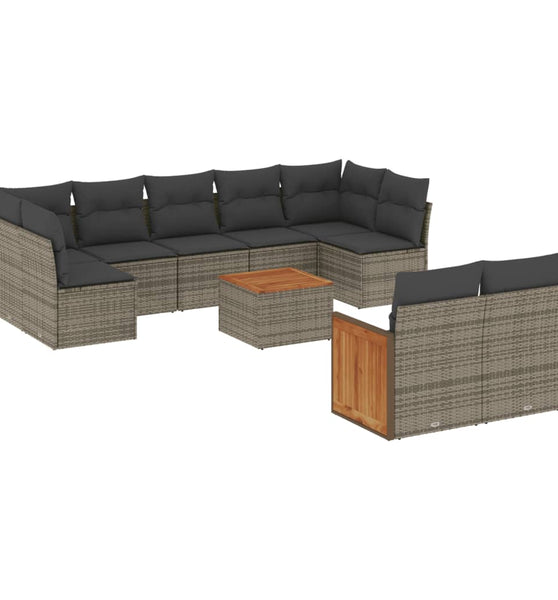 10-tlg. Garten-Sofagarnitur mit Kissen Grau Poly Rattan