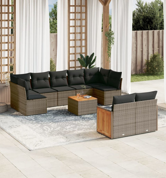 10-tlg. Garten-Sofagarnitur mit Kissen Grau Poly Rattan