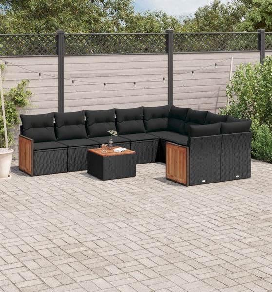 10-tlg. Garten-Sofagarnitur mit Kissen Schwarz Poly Rattan