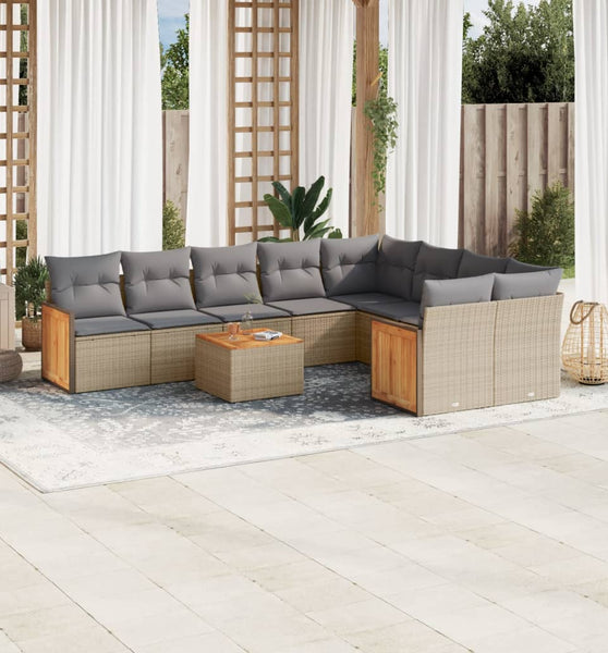 10-tlg. Garten-Sofagarnitur mit Kissen Beige Poly Rattan