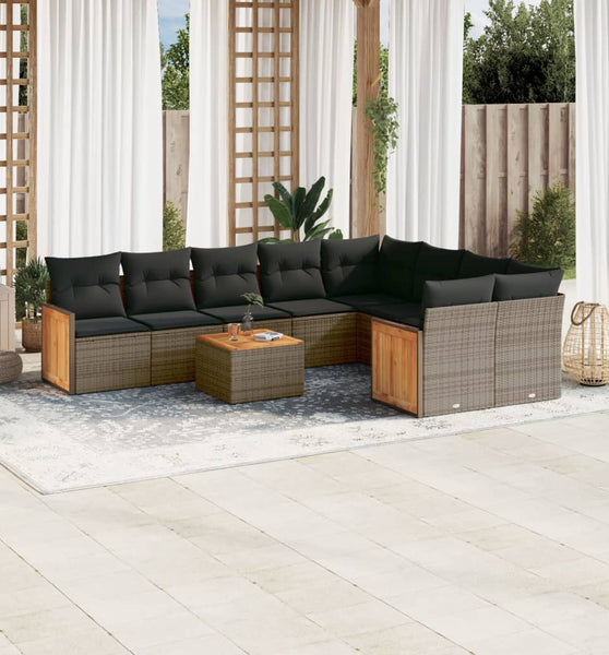 10-tlg. Garten-Sofagarnitur mit Kissen Grau Poly Rattan