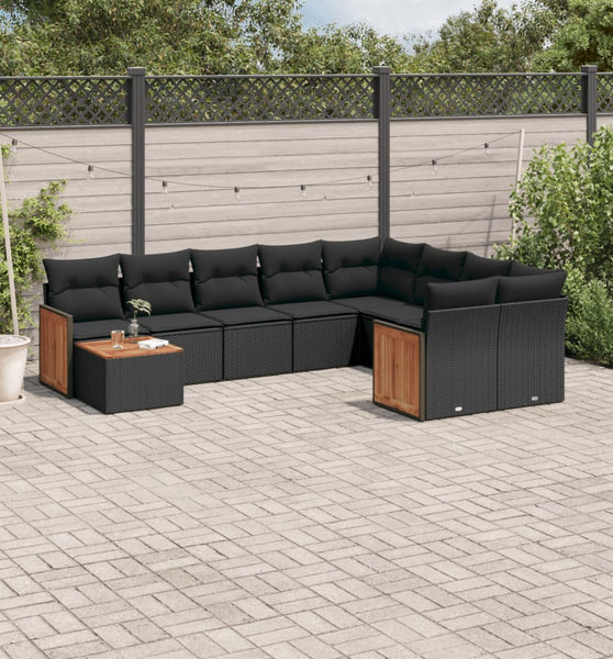 10-tlg. Garten-Sofagarnitur mit Kissen Schwarz Poly Rattan