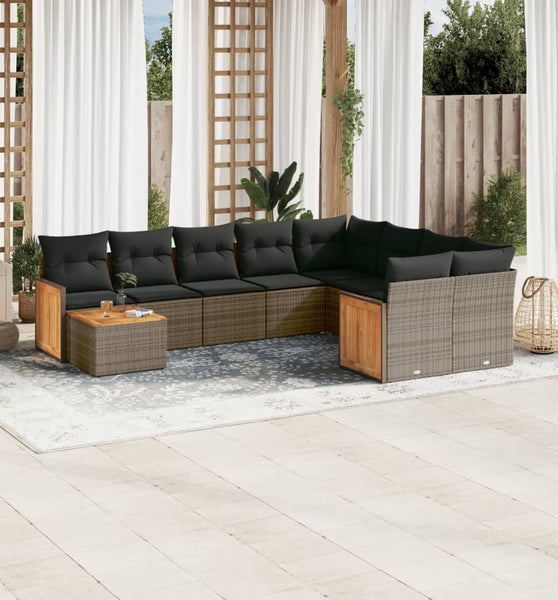 10-tlg. Garten-Sofagarnitur mit Kissen Grau Poly Rattan