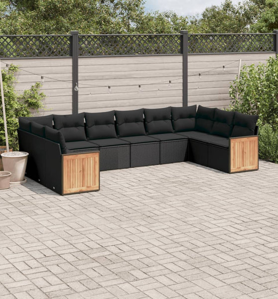 10-tlg. Garten-Sofagarnitur mit Kissen Schwarz Poly Rattan
