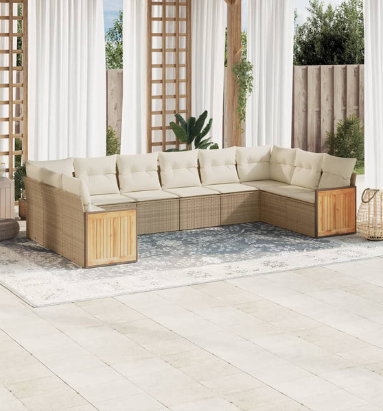 10-tlg. Garten-Sofagarnitur mit Kissen Beige Poly Rattan