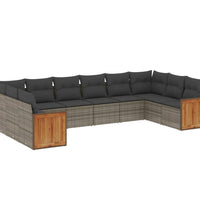 10-tlg. Garten-Sofagarnitur mit Kissen Grau Poly Rattan