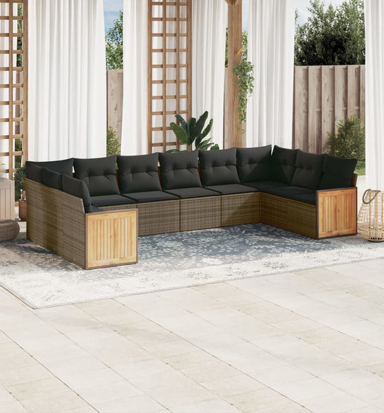 10-tlg. Garten-Sofagarnitur mit Kissen Grau Poly Rattan