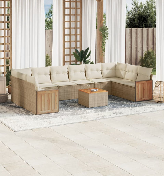 11-tlg. Garten-Sofagarnitur mit Kissen Beige Poly Rattan