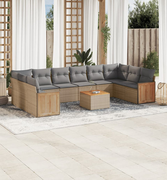 11-tlg. Garten-Sofagarnitur mit Kissen Beige Poly Rattan