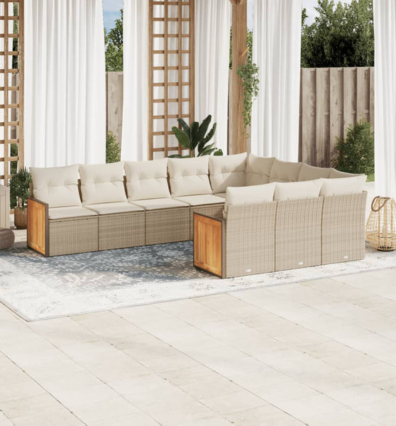 10-tlg. Garten-Sofagarnitur mit Kissen Beige Poly Rattan