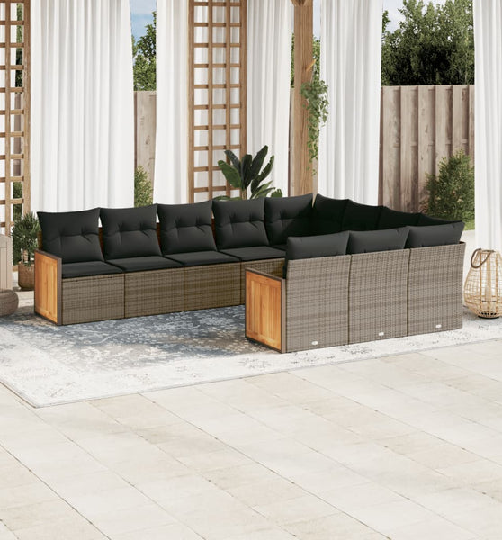 10-tlg. Garten-Sofagarnitur mit Kissen Grau Poly Rattan