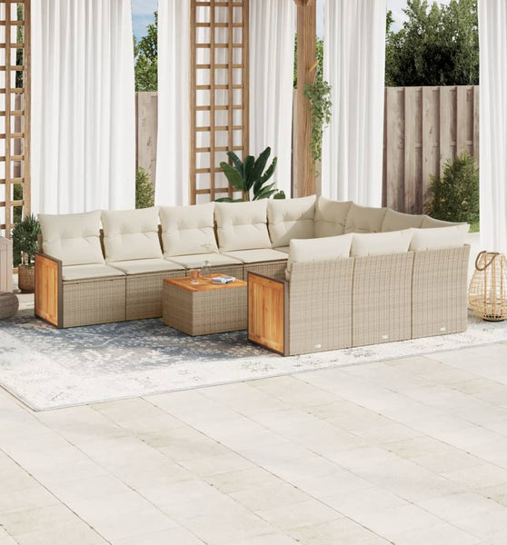 11-tlg. Garten-Sofagarnitur mit Kissen Beige Poly Rattan