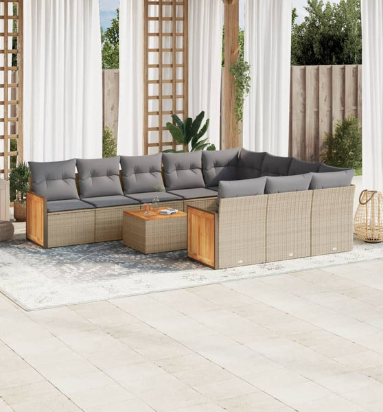 11-tlg. Garten-Sofagarnitur mit Kissen Beige Poly Rattan