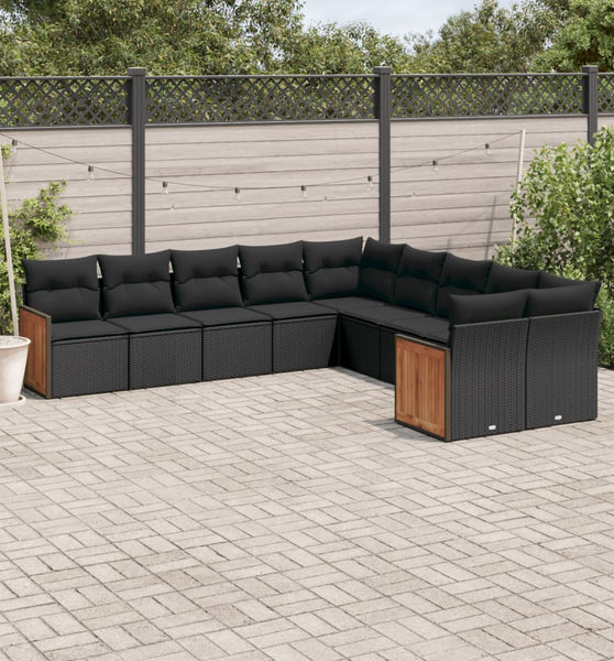 10-tlg. Garten-Sofagarnitur mit Kissen Schwarz Poly Rattan