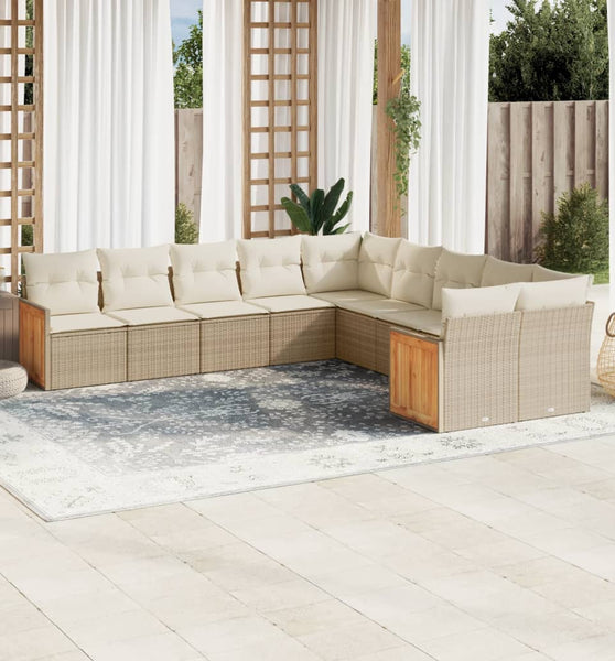 10-tlg. Garten-Sofagarnitur mit Kissen Beige Poly Rattan