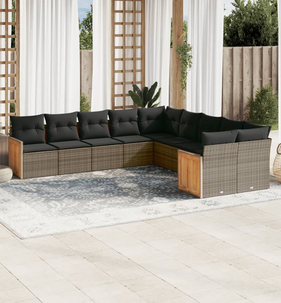 10-tlg. Garten-Sofagarnitur mit Kissen Grau Poly Rattan