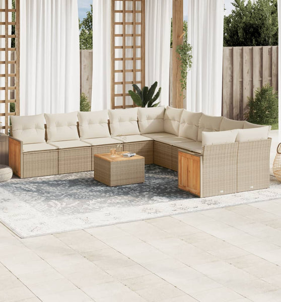 11-tlg. Garten-Sofagarnitur mit Kissen Beige Poly Rattan