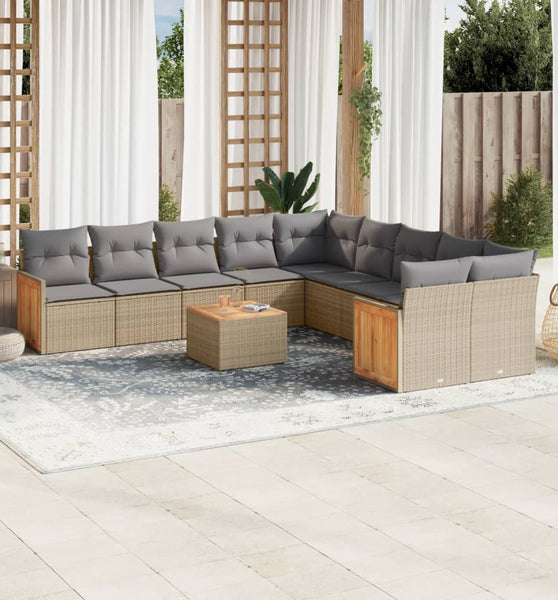 11-tlg. Garten-Sofagarnitur mit Kissen Beige Poly Rattan