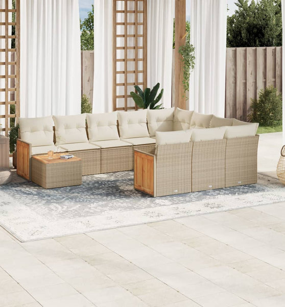 11-tlg. Garten-Sofagarnitur mit Kissen Beige Poly Rattan