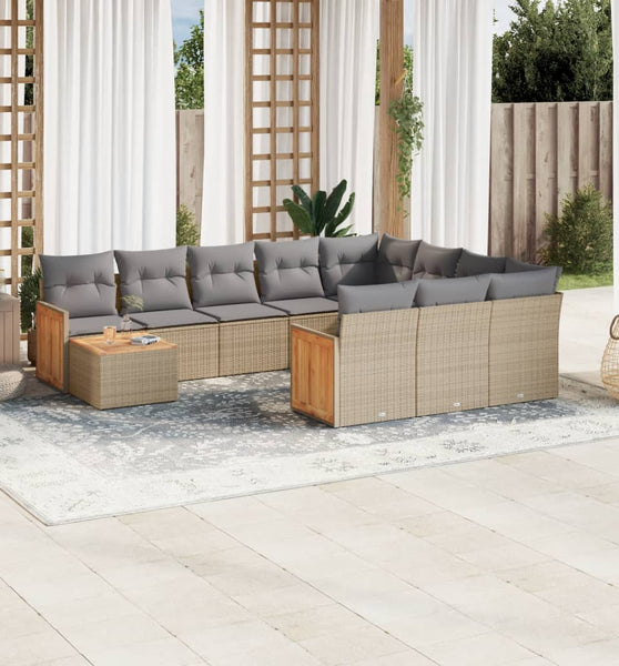 11-tlg. Garten-Sofagarnitur mit Kissen Beige Poly Rattan