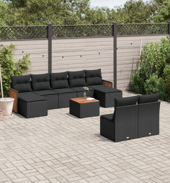 10-tlg. Garten-Sofagarnitur mit Kissen Schwarz Poly Rattan