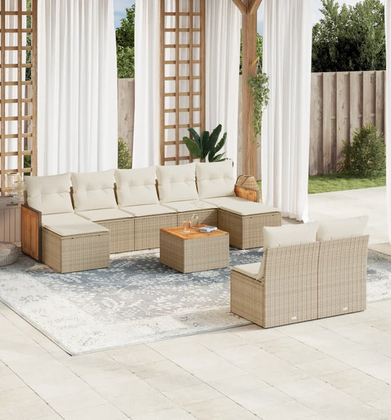 10-tlg. Garten-Sofagarnitur mit Kissen Beige Poly Rattan