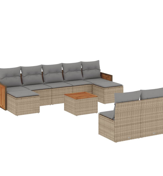 10-tlg. Garten-Sofagarnitur mit Kissen Beige Poly Rattan