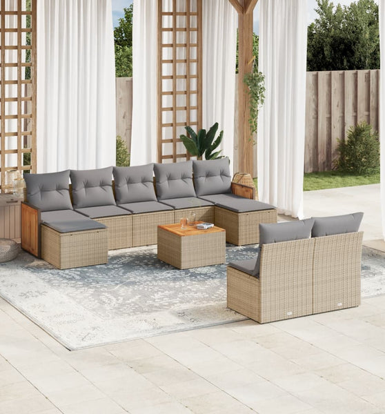 10-tlg. Garten-Sofagarnitur mit Kissen Beige Poly Rattan
