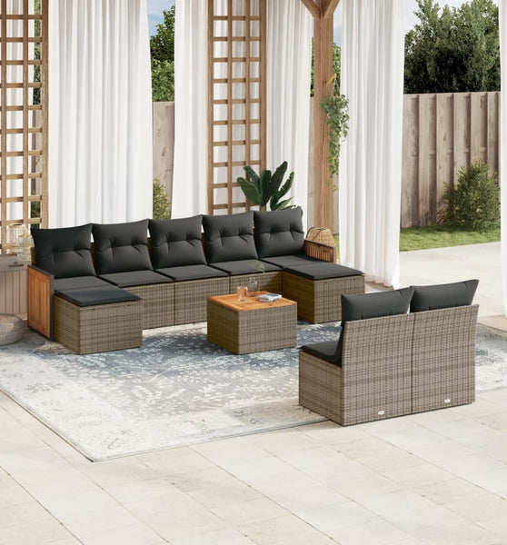 10-tlg. Garten-Sofagarnitur mit Kissen Grau Poly Rattan