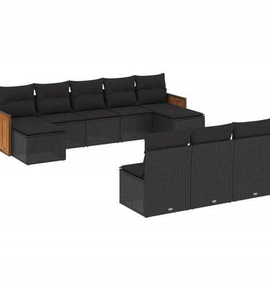10-tlg. Garten-Sofagarnitur mit Kissen Schwarz Poly Rattan