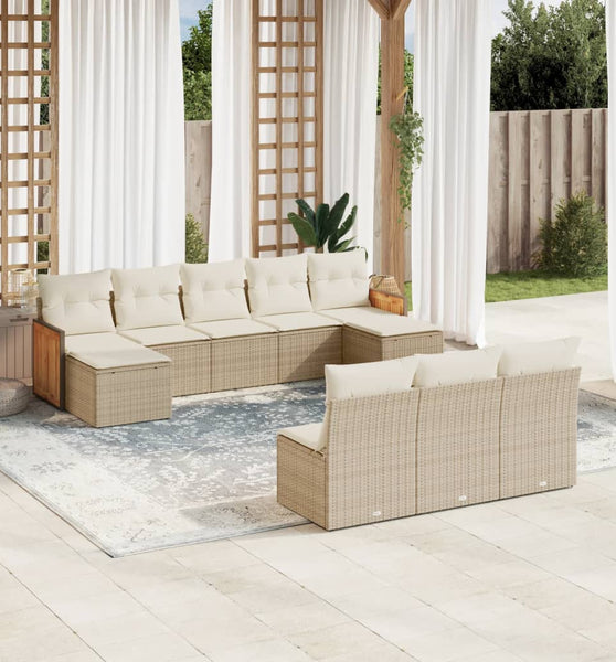 10-tlg. Garten-Sofagarnitur mit Kissen Beige Poly Rattan