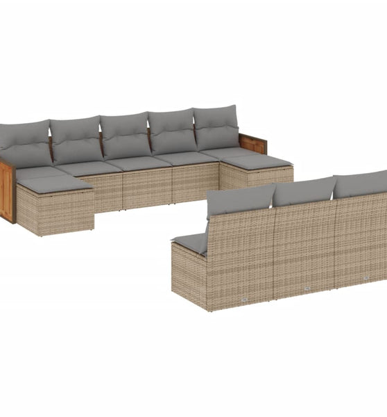 10-tlg. Garten-Sofagarnitur mit Kissen Beige Poly Rattan