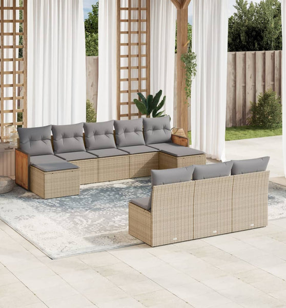 10-tlg. Garten-Sofagarnitur mit Kissen Beige Poly Rattan
