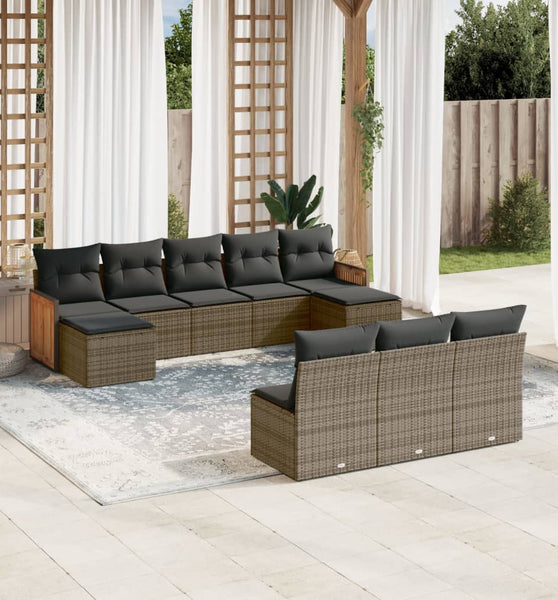 10-tlg. Garten-Sofagarnitur mit Kissen Grau Poly Rattan