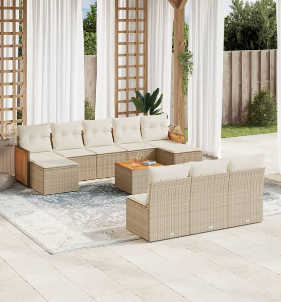 11-tlg. Garten-Sofagarnitur mit Kissen Beige Poly Rattan