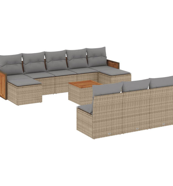 11-tlg. Garten-Sofagarnitur mit Kissen Beige Poly Rattan