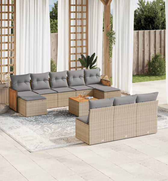 11-tlg. Garten-Sofagarnitur mit Kissen Beige Poly Rattan