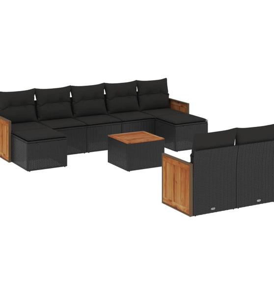 10-tlg. Garten-Sofagarnitur mit Kissen Schwarz Poly Rattan
