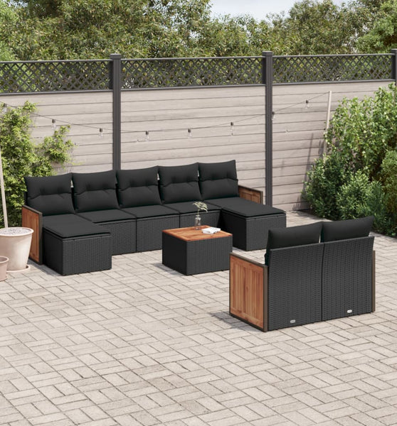 10-tlg. Garten-Sofagarnitur mit Kissen Schwarz Poly Rattan