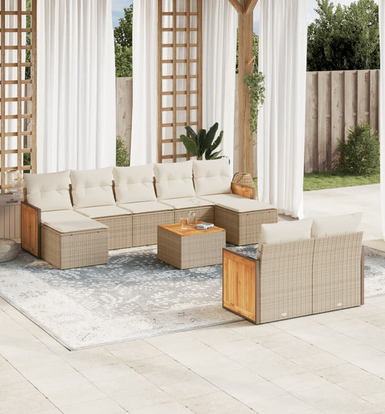 10-tlg. Garten-Sofagarnitur mit Kissen Beige Poly Rattan