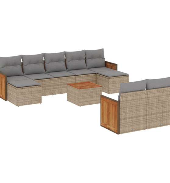 10-tlg. Garten-Sofagarnitur mit Kissen Beige Poly Rattan