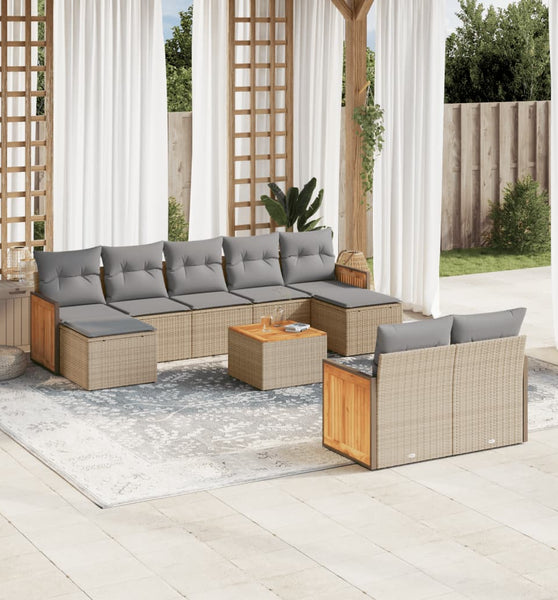 10-tlg. Garten-Sofagarnitur mit Kissen Beige Poly Rattan