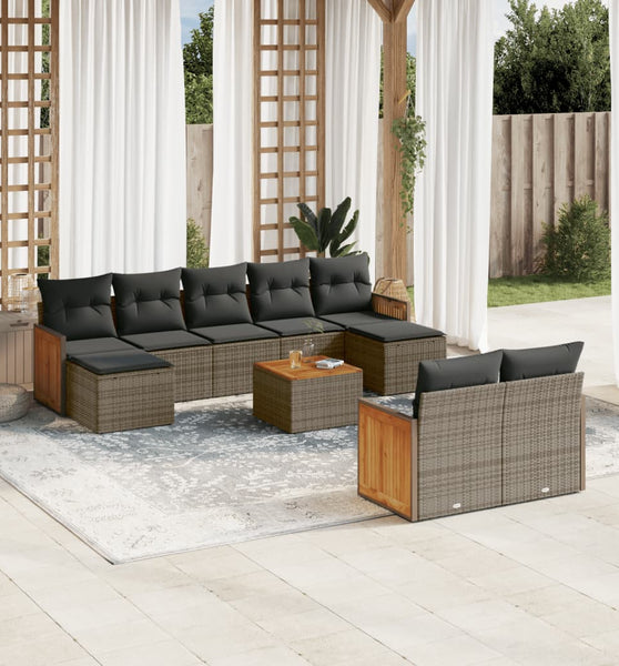 10-tlg. Garten-Sofagarnitur mit Kissen Grau Poly Rattan