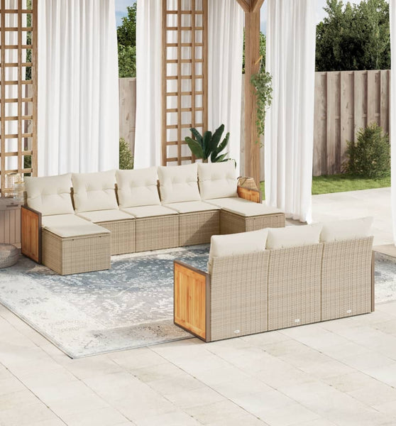 10-tlg. Garten-Sofagarnitur mit Kissen Beige Poly Rattan