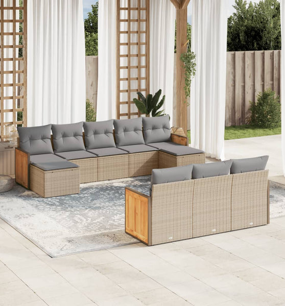 10-tlg. Garten-Sofagarnitur mit Kissen Beige Poly Rattan