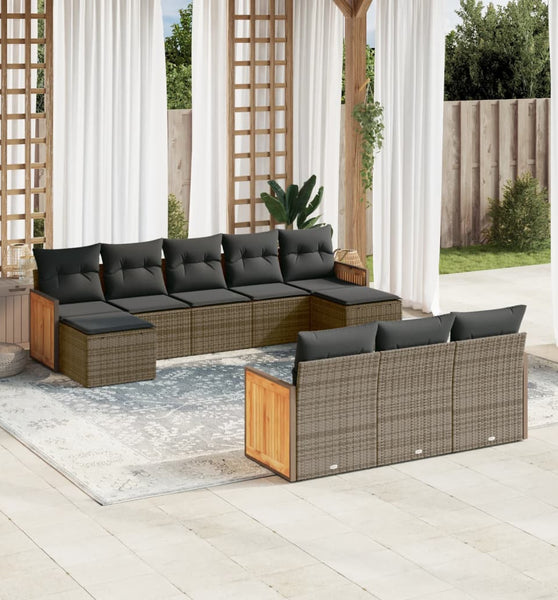 10-tlg. Garten-Sofagarnitur mit Kissen Grau Poly Rattan