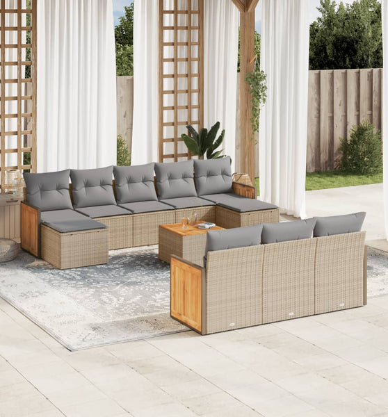11-tlg. Garten-Sofagarnitur mit Kissen Beige Poly Rattan